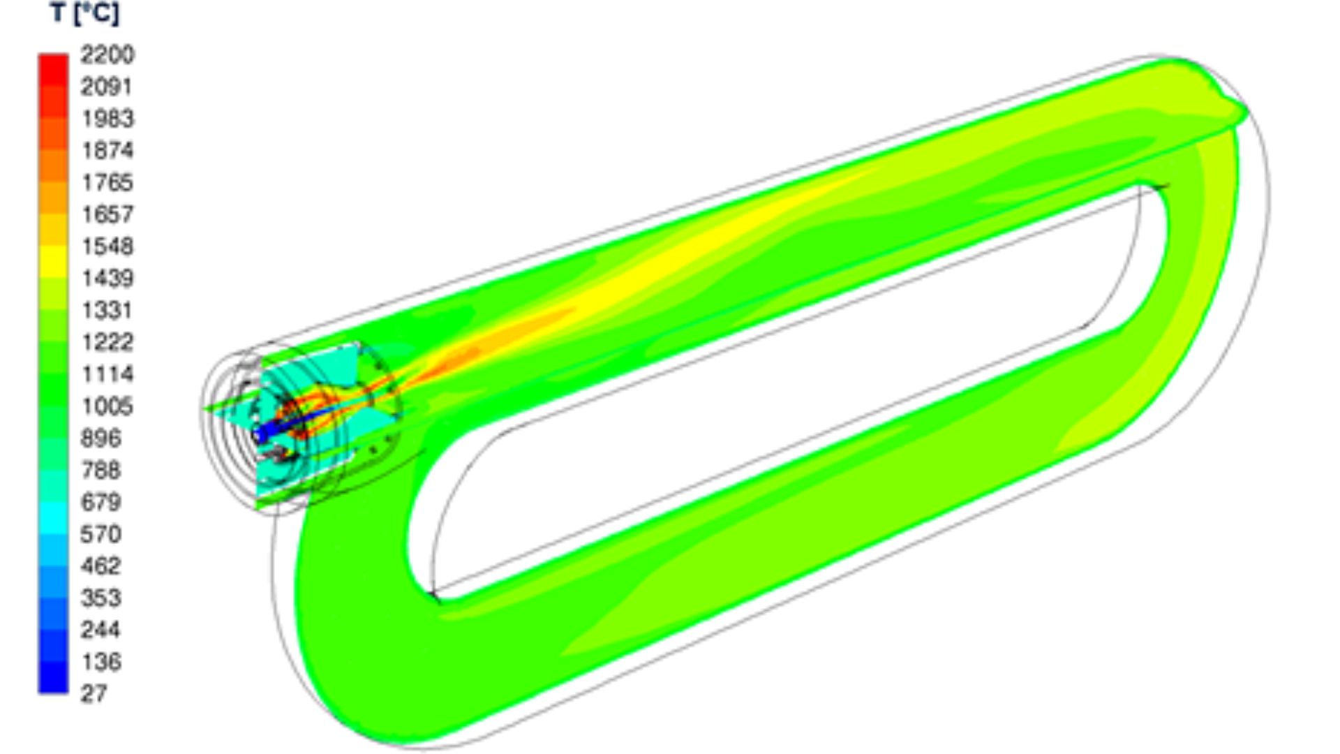 CFD simulation of a TRKS burner in a P-shaped radiant tube showing the temperature distribution inside the tube.